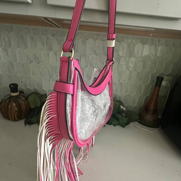 Pink & Clear Fringe Crossbody Bag With Adjustable Strap By Unni - Picture 5 of 6